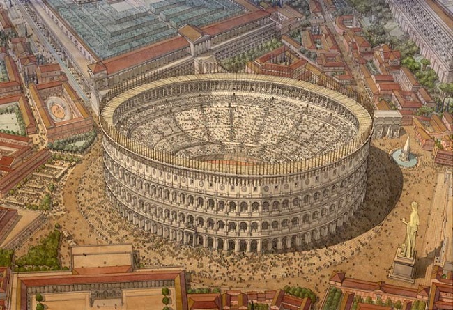 Recreación del Coliseo romano, sede de naumaquias, en su máximo esplendor