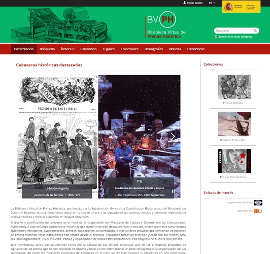 Captura de pantalla de la web de la Biblioteca Virtual de la Prensa Histórica
