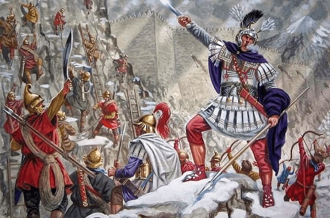 Ilustración que recrea el asalto de la fortaleza de Aornos, el gran reto de Alejandro Ma