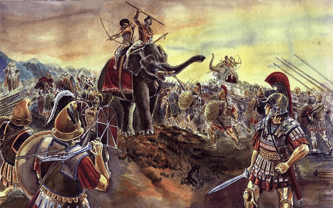 Ilustración que representa la batalla del Hidaspes (Arrecaballo)