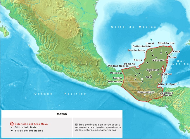Mapa de la extensión de la cultura maya en Mesoamérica