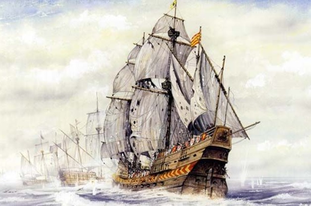 Galeón español San Mateo en la batalla de la isla Terceira en 1582. Dibujo de Tony Bryan