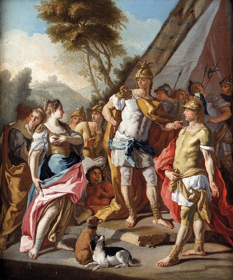 Hefestión señala a Alejandro ante él la familia de Darío, prisionera en Gaugamela. Óleo del siglo XVIII