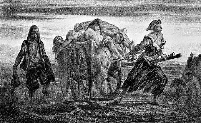 Litografía de Moynet en el que se ve un carro cargado con víctimas de la peste negra