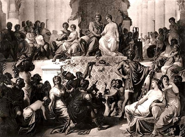 Grabado del siglo XIX sobre las Bodas de Susa, en el que Estatira y Parisatis se convirtieron en las esposas de Alejandro Magno