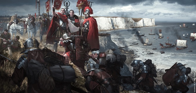 Ilustración que reconstruye el desembarco romano en Britania