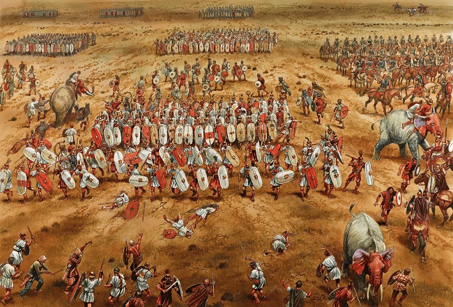 Ilustración que recrea la batalla de Zama, momento clave de la cronología de la antigua Roma