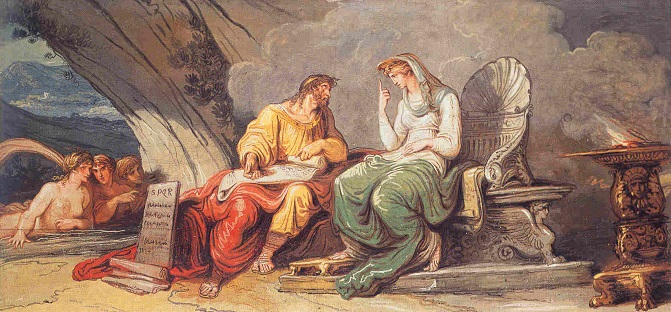Numa Pompilio recibe de la ninfa Egeria las leyes de Roma (1806) de Felice Giani, obra sobre el segundo rey de la monarquía romana
