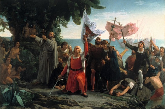 "Primer desembarco de Cristóbal Colón en América, tomando posesión de La Española para la Corona de Castilla, de Dióscoro Puebla