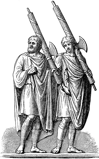 Ilustración que representa a lictores cargando los fasces de las magistraturas romanas para las que trabajan