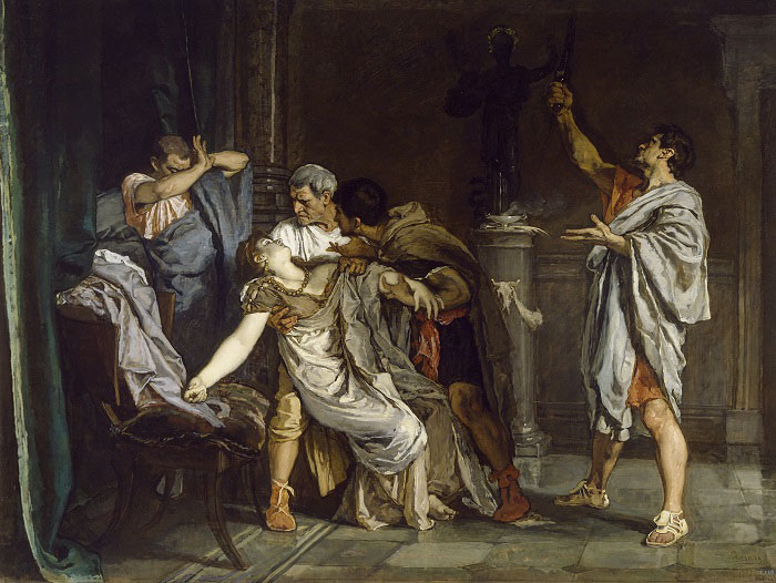 La muerte de Lucrecia, obra de Eduardo Rosales hecha en el siglo XIX, recrea la muerte después de la violación de Lucrecia