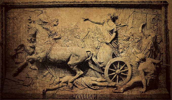 Relieve en madera que representa a Tulia pasando con su carro por encima del cadáver de su padre, uno de los reyes romanos