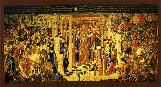 Tapiz sobre la coronación de Tarquinio Prisco, uno de los reyes romanos, expuesto en la catedral de Zamora