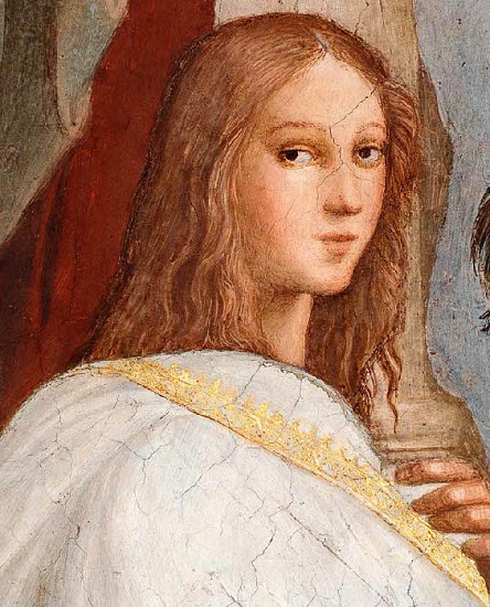 Detalle de La escuela de Atenas de Rafael Sanzio en el que se puede ver un retrato imaginario de Hipatia de Alejandría