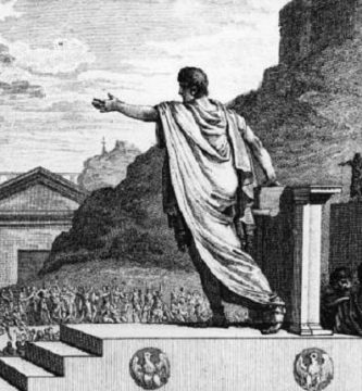 Grabado del siglo XVIII que representa a un tribuno de la plebe haciendo un discurso ante plebeyos romanos