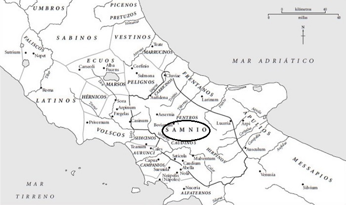 Mapa de Italia central y meridional hacia el 350 a.C. con indicación de los pueblos que causaron las guerras samnitas