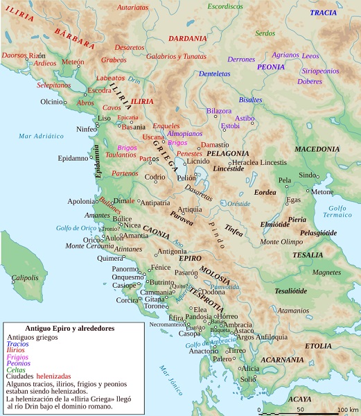 Mapa del Epiro y sus alrededores, incluyendo las regiones nombradas en este artículo sobre Pirro de Epiro