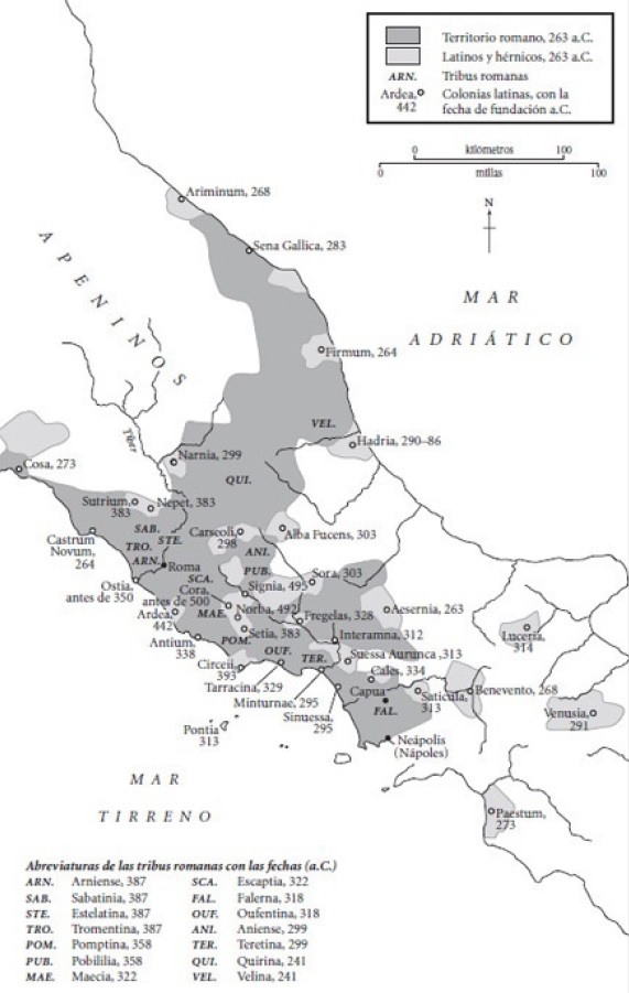 Tribus y colonias romanas de Italia a mediados del siglo III a.C., en el contexto de la guerra latina contra la liga latina