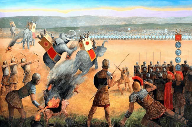 Ilustración en la que se observa a legionarios romanos haciendo varias artimañas para asustar a los elefantes durante la batalla de Benevento