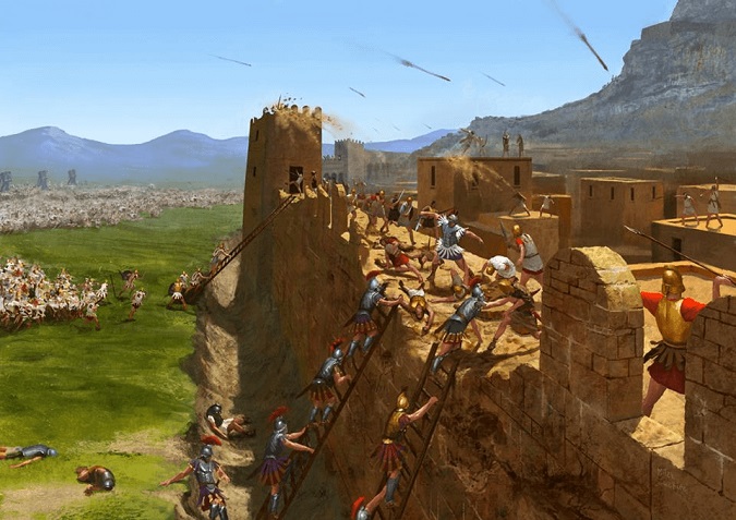 Ilustración que recrea el asedio a la fortificación de Érix durante la campaña de Pirro en Sicilia