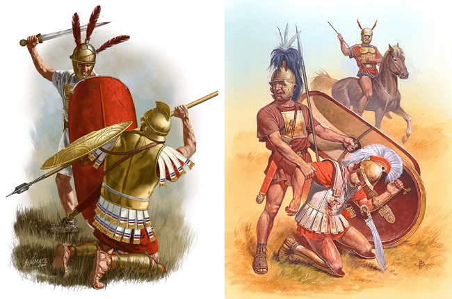 Imagen combinada de legionarios romanos combatiendo a falangistas epirotas durante la batalla de Benevento
