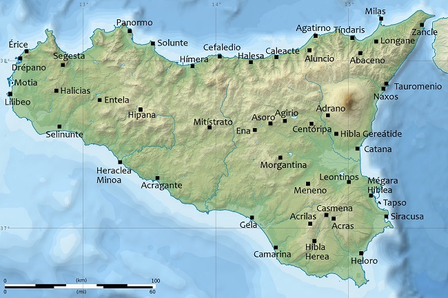 Mapa de las principales ciudades que encontró Pirro en Sicilia