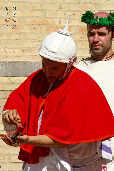 Flamen o sacerdote comprobando las entrañas del animal durante uno de los sacrificios romanos