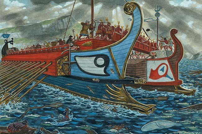 Ilustración que recrea la batalla naval de las islas Égates, la cual abrió las consecuencias de la Primera Guerra Púnica