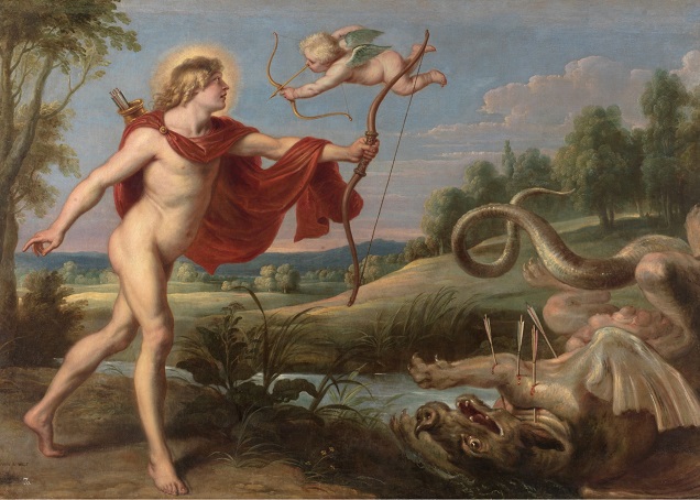 Óleo sobre lienzo de Cornelis de Vos (siglo XVII) que nos relata la batalla entre uno de los dioses de la medicina, Apolo, y la serpiente Pitón por el control del santuario de Délfos. 