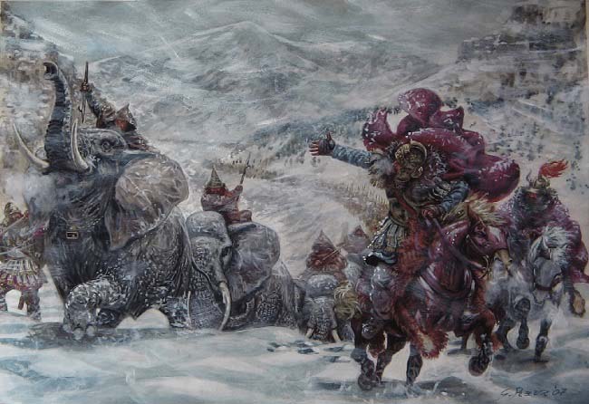 Ilustración que recrea a Aníbal Barca y su ejército en medio de una tormenta de nivele durante su ascenso por los Alpes