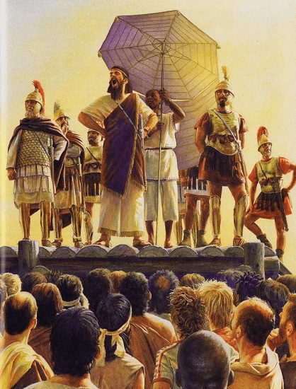 Ilustración que recrea al líder cartaginés Hannón hablando a los mercenarios reunidos en Sicca, antecedente de la guerra de los mercenarios