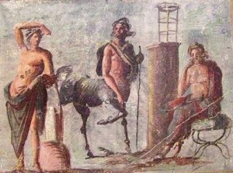 Fresco pompeyano en el que se distingue a vaios dioses de la medicina: Apolo (izquierda), al centauro Quirón (centro) y al dios Asclepio (derecha). 