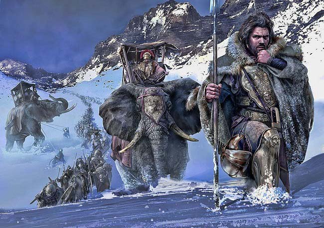 Ilustración que recrea a Aníbal Barca y su ejército cruzando los Alpes
