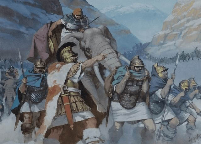 Ilustración que recrea a Aníbal Barca y su ejército cruzando los Alpes (Fuente: Arrecaballo)