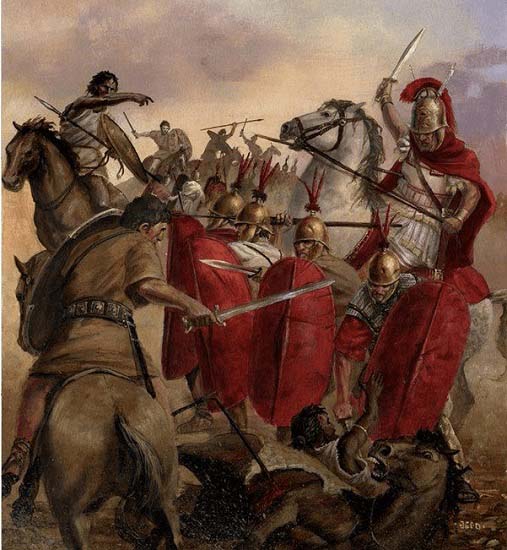 Ilustración que recrea el momento en el que matan a Publio Cornelio Escipión, padre de Escipión el Africano, durante la batalla de Cástulo del 211 a.C. (Fuente: Arrecaballo)