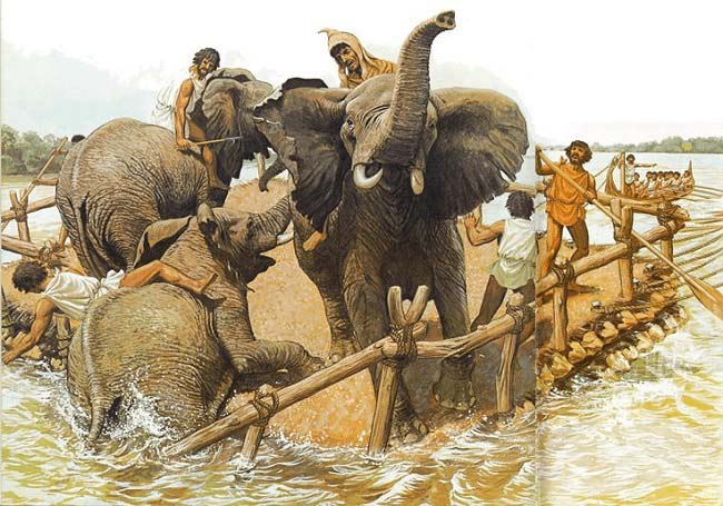 Ilustración que recrea el paso de los elefantes de Aníbal Barca por el río Ródano 