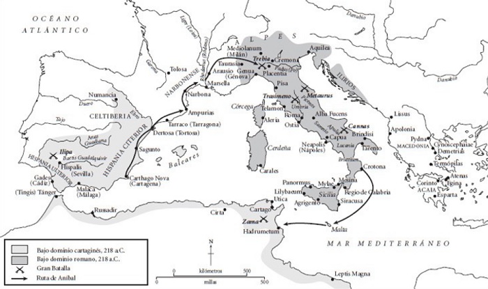 Mapa de los dominios romanos y cartagineses, así como de las grandes batallas de la Segunda Guerra Púnica