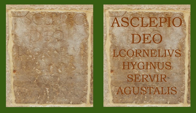 Pedestal romano con inscripción dedicada a uno de los dioses de la medicina, Asclepio