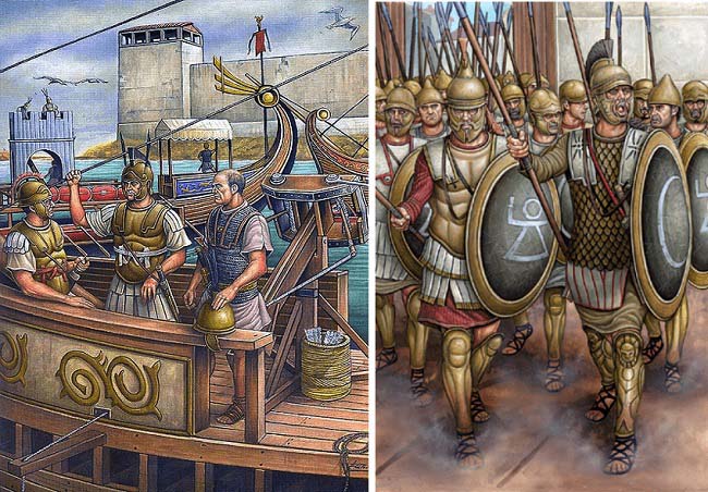 Doble ilustración sobre la conquista romana de Carthago Nova. A la izquierda, Gayo Lelio dirigiendo la flota romana. A la derecha, mercenarios cartagineses listos para defender la ciudad de Escipión el Africano
