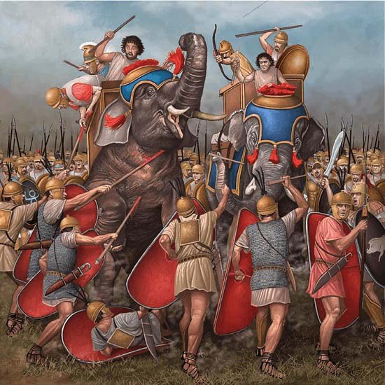 Ilustración que recrea cómo las tropas romanas atacan a los elefantes púnicos durante una de las batallas de después de Cannas