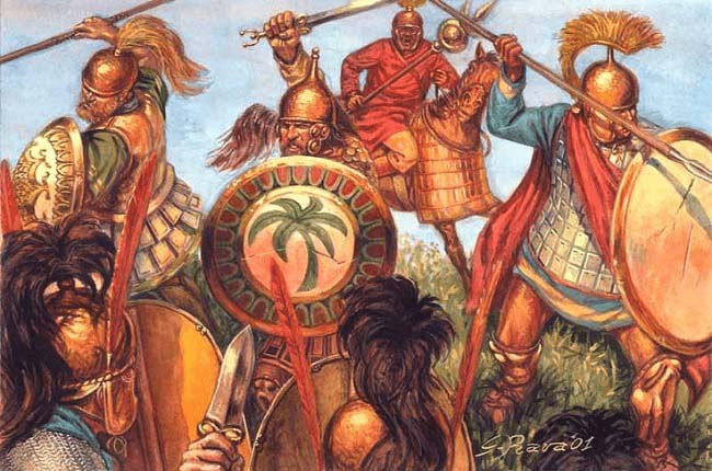 Ilustración que recrea a soldados cartagineses luchando contra romanos durante la invasión romana de África