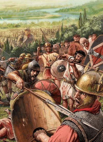Ilustración que recrea la batalla del Metauro entre Asdrúbal Barca y los romanos