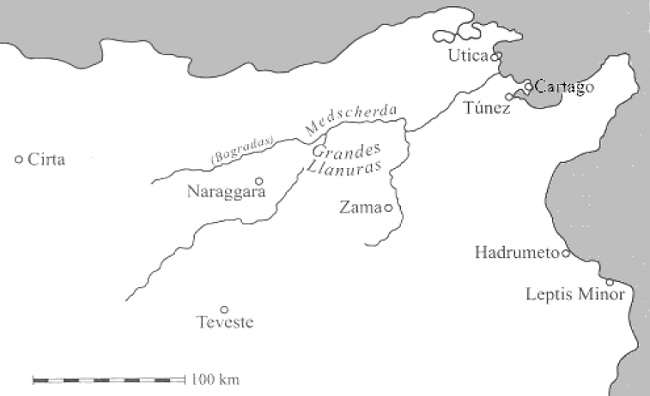 Principales escenarios de la Segunda Guerra Púnica durante la invasión romana de África