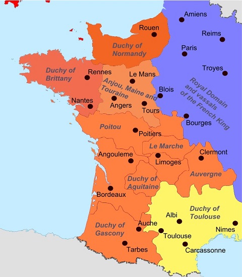 Mapa político de Francia en la segunda mitad del siglo XII, en el origen de los cátaros