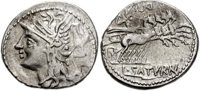 Moneda romana que representa a Lucio Apuleyo Saturnino