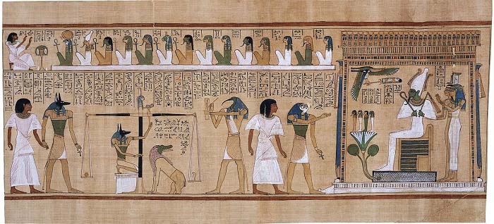 Ceremonia de la psicostasia, una de las funciones de uno de los dioses egipcios de la muerte, Osiris, contenida en el Papiro de Hunefer