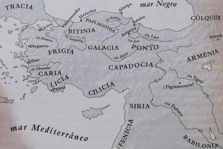 Mapa de las principales regiones y ríos de la península de Anatolia, incluyendo los del reino del Ponto