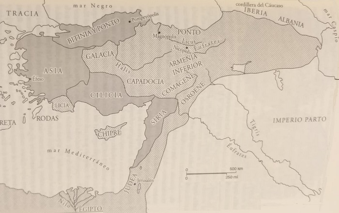 Mapa de la organización del Oriente por parte de Pompeyo Magno tras el final de la Tercera Guerra Mitridática