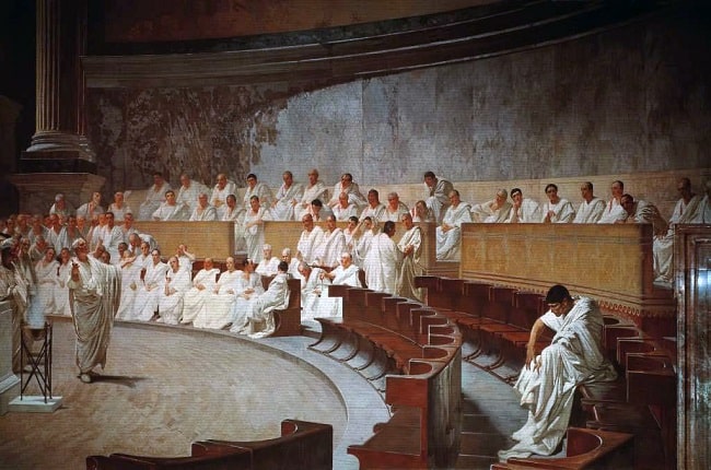 Marco Tulio Cicerón denuncia a Catilina, obra realizada por Cesare Maccari en el siglo XIX