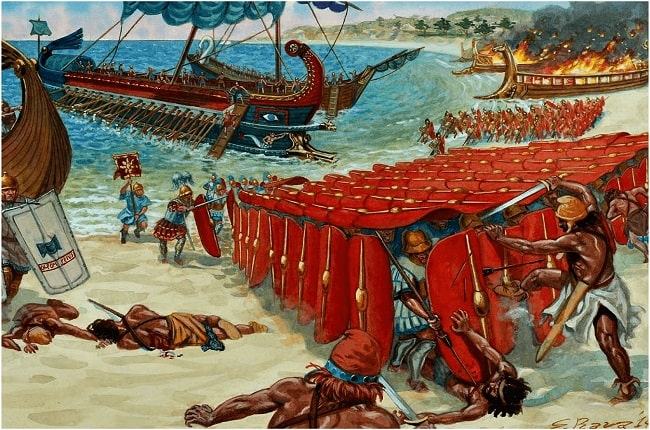 Ilustración hecha por Giuseppe Rava. Representa una batalla de los romanos contra los piratas del sur de la península de Anatolia en el 67 a.C. a raíz de la Lex Gabinia